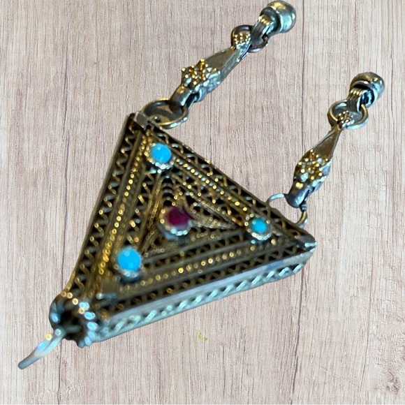 VTG Silver Pendant Middle Eastern Afghan Bedouin Tribal Triangle and Gemstones - Picture 8 of 16